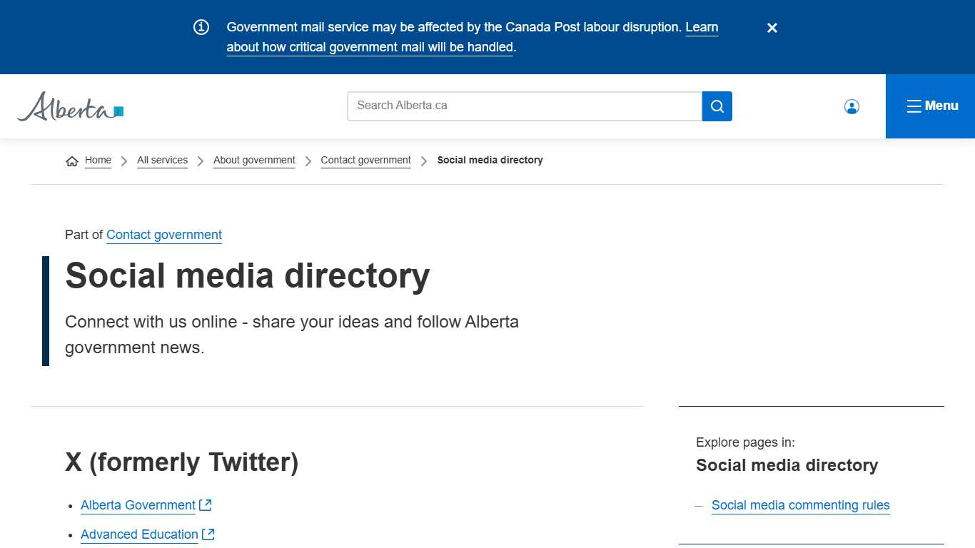 Social media directory Alberta.ca